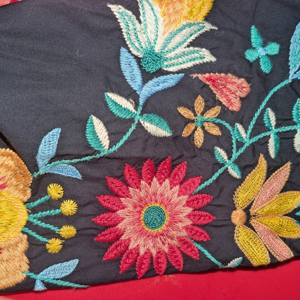Talbots Black Floral Embroidered Blouse with Multicolor Flowers